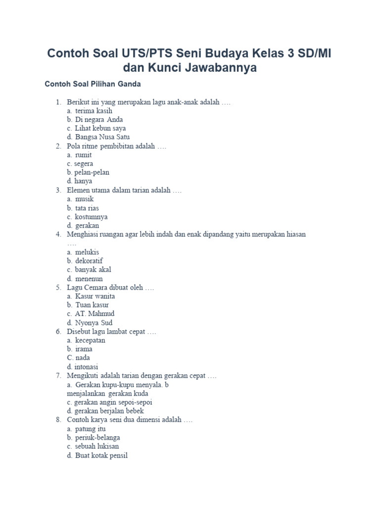 Contoh Soal UTS Seni Budaya SMP KTSP Contoh Soal UTS Seni Budaya SMP KTSP