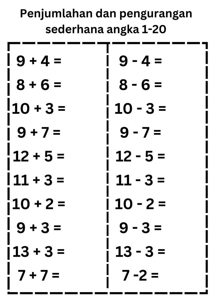 Penjumlahan Dan Pengurangan Angka 1 20 Matematika Level 1 Math For