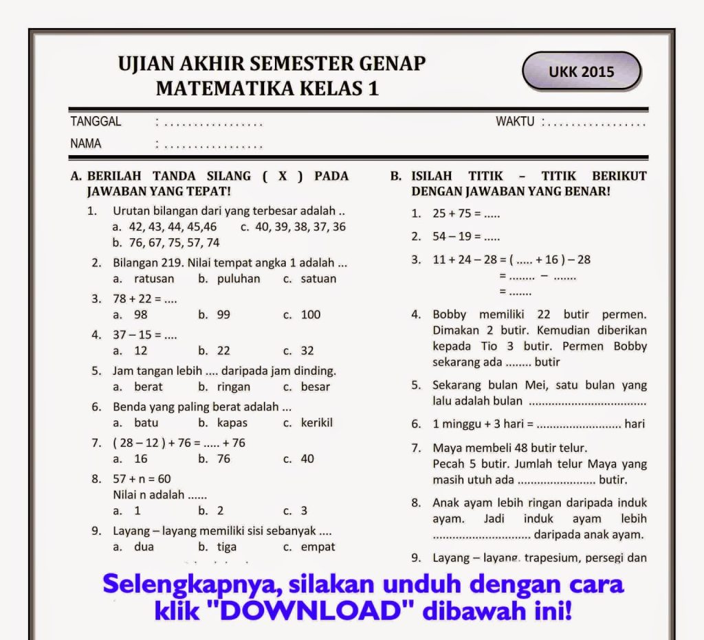 Contoh Soal Kelas 1 Semester 1 Kurikulum 2013 Revisi Terbaru untuk Latihan Anak di Rumah Contoh Soal Kelas 1 Semester 1 Kurikulum 2013 Revisi Terbaru untuk Latihan Anak di Rumah