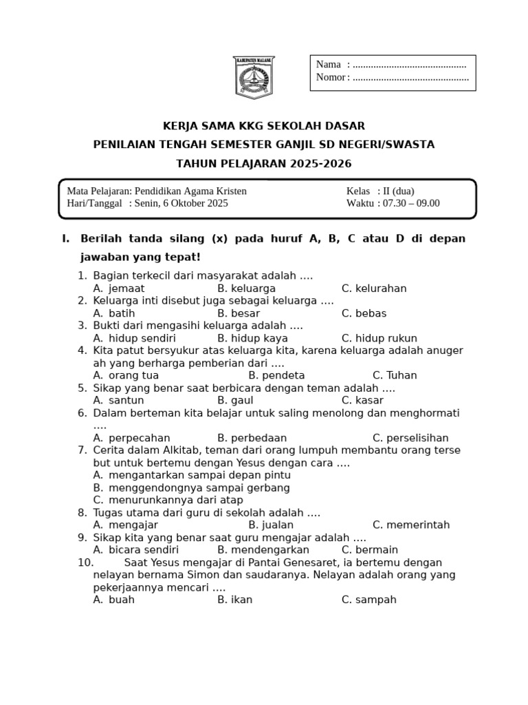 Contoh soal pendedikan agama kristen kelas 2 semeskelas 2 untuk Kurikulum Merdeka yang Seru
