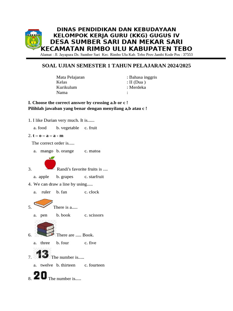 Download Gratis Soal Bahasa Inggris Kelas 2 Semester 1 PDF Terbaru untuk Belajar di Rumah