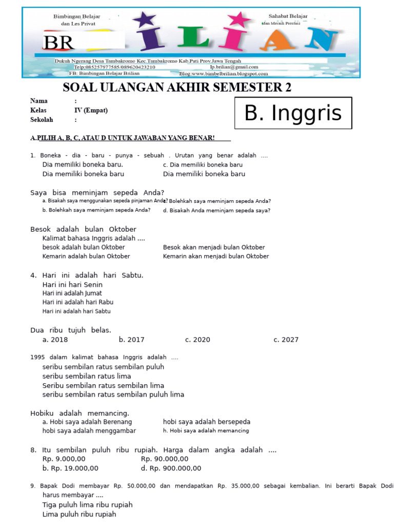 Rahasia Sukses Belajar Materi dan Soal B.Inggris Kelas 4 Semester 2 Agar Nilai Melejit