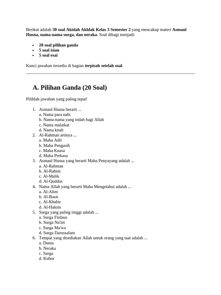 Soal Akidah Akhlak Kelas 3 Semester 2 PDF Soal Akidah Akhlak Kelas 3 Semester 2 PDF