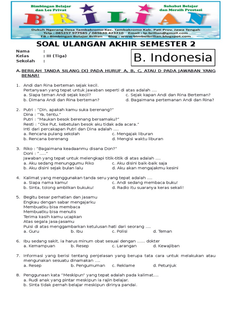 Ternyata Ini 40 Contoh Soal B.Indo Kelas 3 SD Semester 2 2026 Wajib Tahu