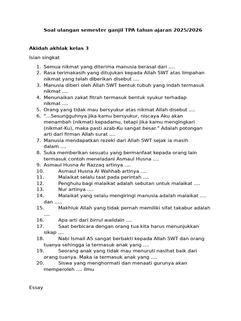 Soal Semester Aqidah Kelas 3 Tahun 2025 PDF Soal Semester Aqidah Kelas 3 Tahun 2025 PDF