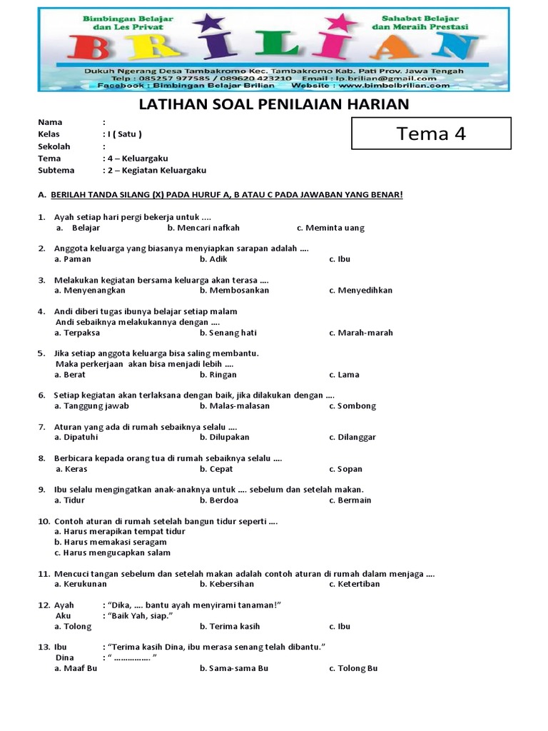 Ternyata Kunci Jawaban PTS 2026 contoh soal kelas 1 sd thema 2 sumthema 4 Lengkap