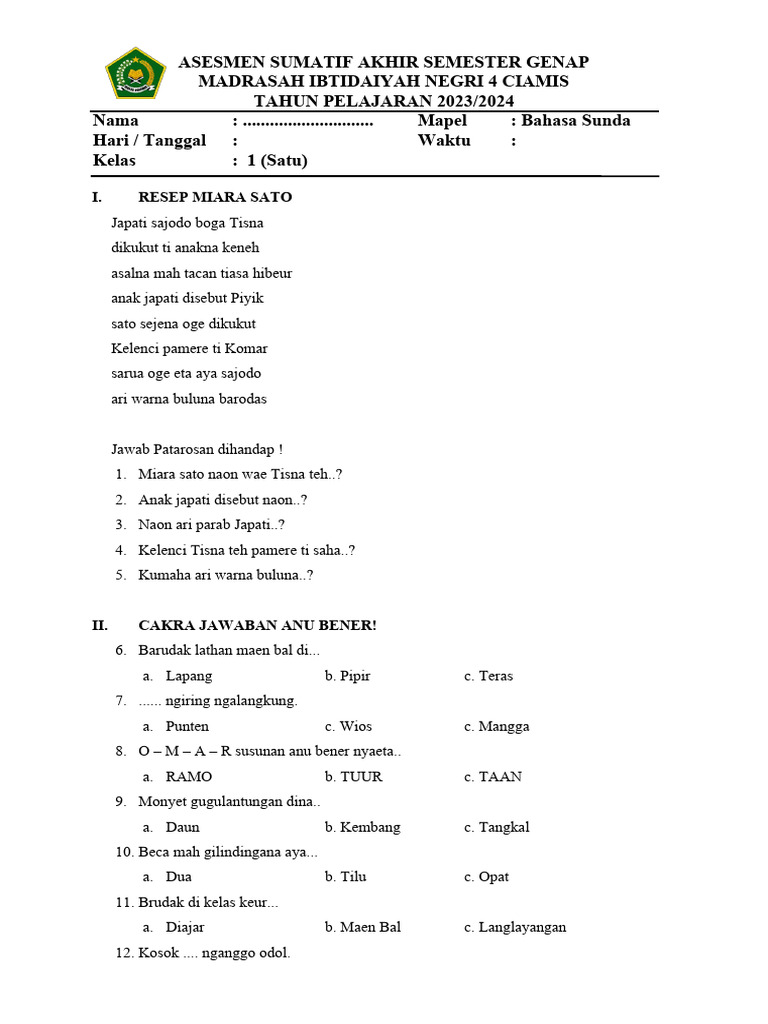 Wajib Tahu 5 Contoh Soal Bahasa Sunda SD Kelas 1 Agar Anak Cepat Mahir