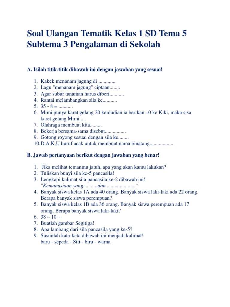 Wajib Tahu Kumpulan Soal Tema 5 Subtema 3 Kelas 1 SD Paling Mudah dan Terbukti Akurat Wajib Tahu Kumpulan Soal Tema 5 Subtema 3 Kelas 1 SD Paling Mudah dan Terbukti Akurat