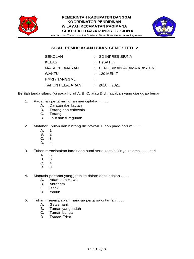 contoh soal pendidikan agama kristen kelas satu sd semester 2 contoh soal pendidikan agama kristen kelas satu sd semester 2